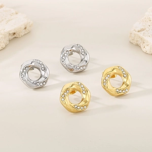 Stainless Steel Stud Earrings With Irregular Twisted Hexagon Hollow Design 18K Gold Plated Rhinestone For Women Fashion