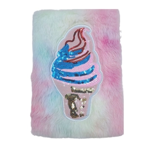 Plush rainbow notebook with a colorful sequin ice cream cone design for creative DIY