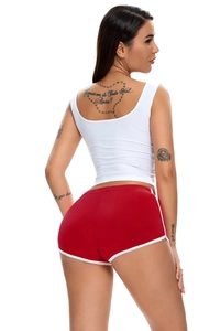Rear view of white slim tank top and red shorts with side stripes for yoga
