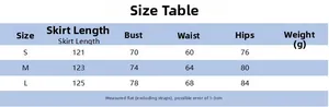 Size chart table for the tube top long dress with bust and waist measurements