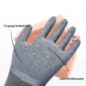 Waterproof latex work gloves with non-slip wrinkled palms and 13-gauge knit liners
