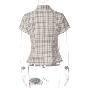Back view of a French plaid short sleeve blouse featuring vintage brown checkered patterns