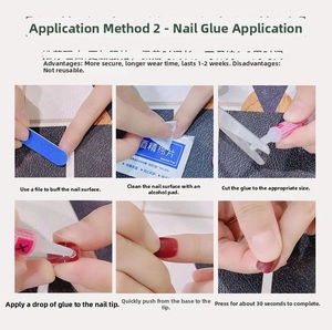 Instructional guide for applying Rococo style press-on nails with liquid glue
