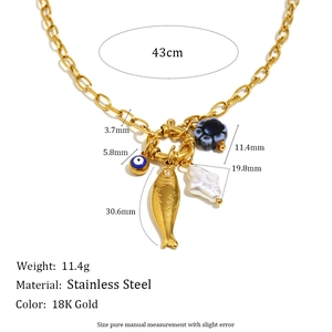 18K gold plated stainless steel necklace with fish, evil eye and pearl charms
