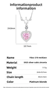 Detailed size specifications for the pink heart crown S925 silver necklace pendant