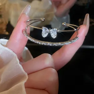 Silver bow heart double-row bracelet featuring sparkling cubic zirconia for women