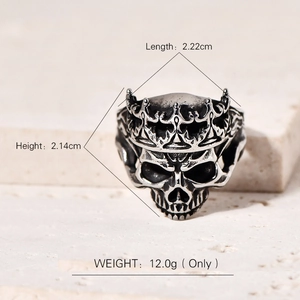 Punk style stainless steel skull crown ring for men with detailed size and weight specs