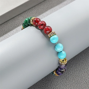 Bohemian multicolored natural agate beads bracelet with gold-tone crystal spacers
