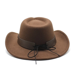 Dark brown wool felt cowboy hat with flat crown and wide brim featuring a leather band