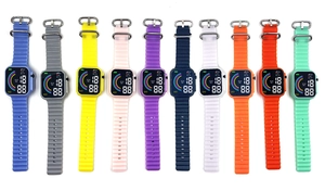 Detailed top view of colorful silicone strap sport watches with square LED displays