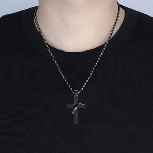 Men's black stainless steel cross pendant necklace with a minimalist geometric layer design