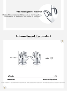 Detailed view of tiny 925 sterling silver hand earrings with 7.3mm x 9.2mm measurements