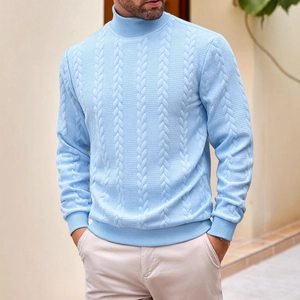 Men Turtleneck Sweater Cable Knit Solid Color Long Sleeve Thermal Casual Knitted Pullover Top