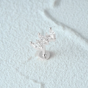 Macro shot of silver crown stud earring with clear zircons and flat back screw design