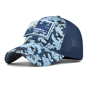 Detail of blue digital camo baseball cap with US flag velcro patch and mesh back