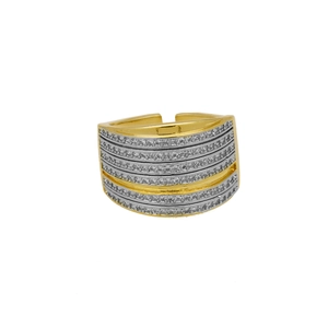 Close-up of wide two-tone 18k gold plated ring with multi-row zircon stripe detailing