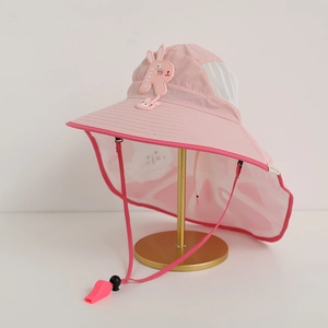 Detail showing breathable mesh panels and cute rabbit patch on pink sun hat for kids
