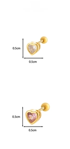 Detail view of 0.5cm heart zircon cartilage studs in gold with pink and clear stones