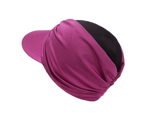 Detail of purple satin fabric and black elastic stitching on wide brim sun visor hat