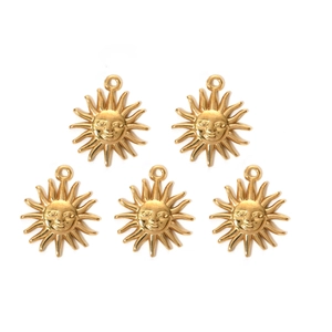 Set of five golden stainless steel sun face pendants with embossed texture and metal rings