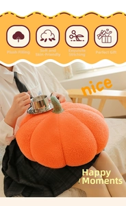 Detail of soft orange pumpkin plush pillow featuring realistic stem and cozy velvet texture