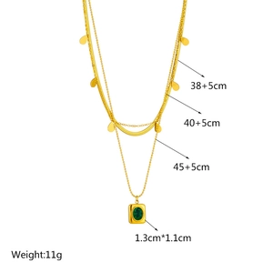 Three-layer titanium steel necklace with emerald green square pendant and water drop charms