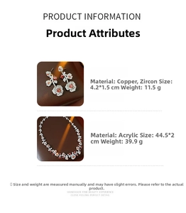 Detail view of vintage rose earrings and necklace set with dimensions and material specs