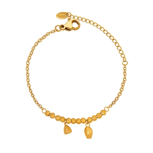 Golden stainless steel anklet with lotus flower charms and beaded chain on white background