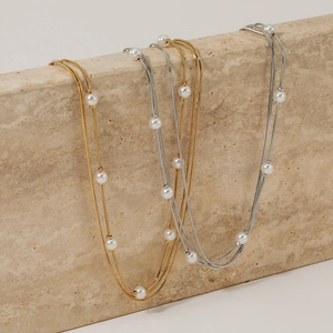 Minimalist double layer square snake chain necklace with white pearls in gold and silver