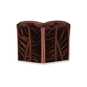 Luxurious dark brown velvet corset top with boning structure and hook-and-eye closure