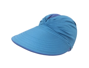 Detail of a turquoise wide brim sun visor hat with textured twist fabric design
