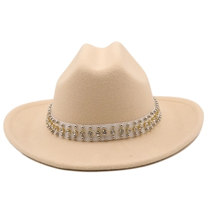 Beige wool felt fedora hat for women with silver studs and rhinestone pearl band decoration