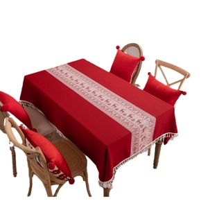 Red Christmas reindeer jacquard tablecloth with festive tassels and matching pillows