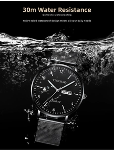 Macro shot of quartz watch waterproof feature with water splashes and dual calendar display