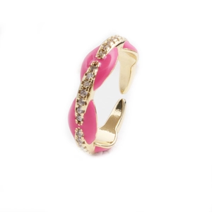 Minimalist gold-plated copper open heart ring with pink enamel and white cubic zirconia