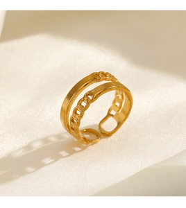 Close-up of double-layered 18K gold-plated ring with chain texture on white silk fabric