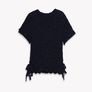Women Short Sleeve Knit Top Popcorn Texture Smocked Round Neck Side Drawstring Bow Polyester Acrylic Pullover