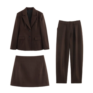 Three-piece dark brown professional blazer set with matching skirt and trousers