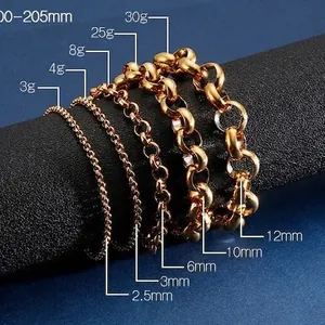 Gold stainless steel O-chain bracelets in five different widths from 2.5mm to 12mm