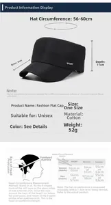 Detailed size chart for cotton flat top cap with head circumference measurements