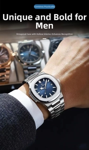 Macro shot of silver stainless steel business watch with a blue textured dial and date