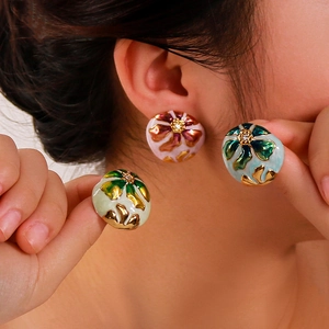 Enamel Flower Stainless Steel Earrings 18K Gold Plated Rhinestone Center Vintage Bohemian Style For Women Elegant Accessories