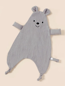 Grey muslin cotton baby security blanket with bear head and knot design for soothing