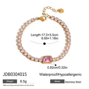 Pulsera tennis de acero dorado con circón rosa y cierre de mosquetón ajustable
