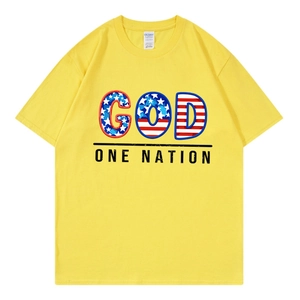 Yellow short sleeve T-shirt with American flag pattern letters GOD ONE NATION printed on cotton