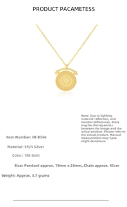 Detailed view of 18k gold S925 silver round pendant showing dimensions 19mm and 23mm