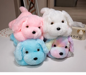 Close-up of colorful plush puppy toys in pink, white, and blue with soft faux fur texture