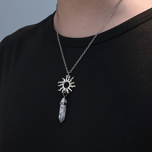 Vintage sun and moon pendant necklace with white hexagonal crystal stone on silver chain