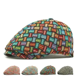 Vintage Plaid Ivy Cap Woven Jacquard Flat Cap Adjustable Retro Newsboy Hat For Men Women Breathable Casual