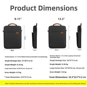 Detailed size chart for 11 and 13.3 inch iPad shoulder bag with external dimensions